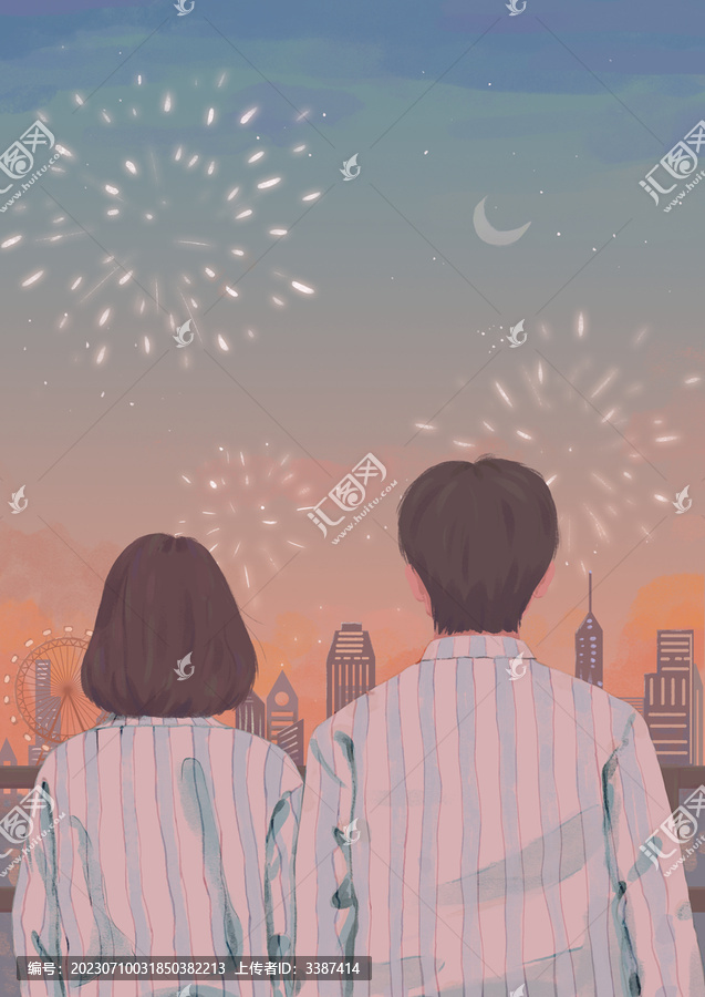 唯美情侶牽手背影手繪插畫
