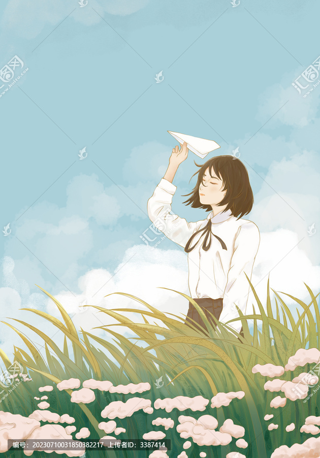 女孩飛紙飛機(jī)唯美插畫