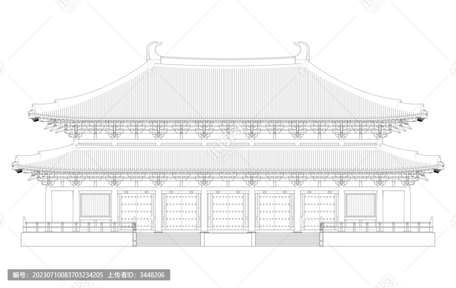 唐风重檐庑殿正立面线稿图