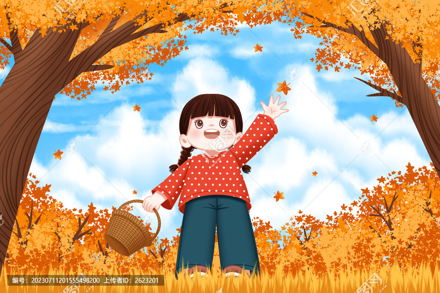 秋天节气插画小女孩和落叶