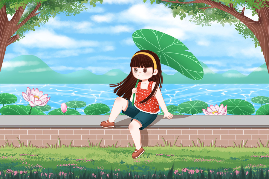 夏天節(jié)氣插畫賞荷的女孩