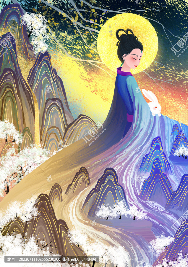 中國(guó)風(fēng)仙女玉兔山水賀圖