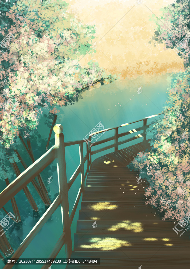 盛夏小橋流水落花風景