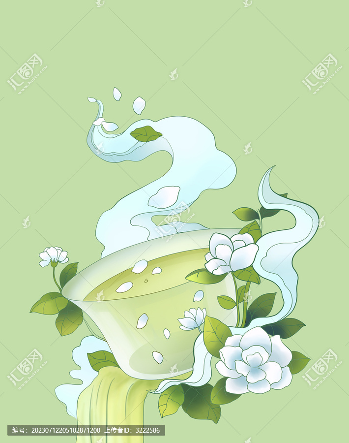 手繪茉莉花茶插畫