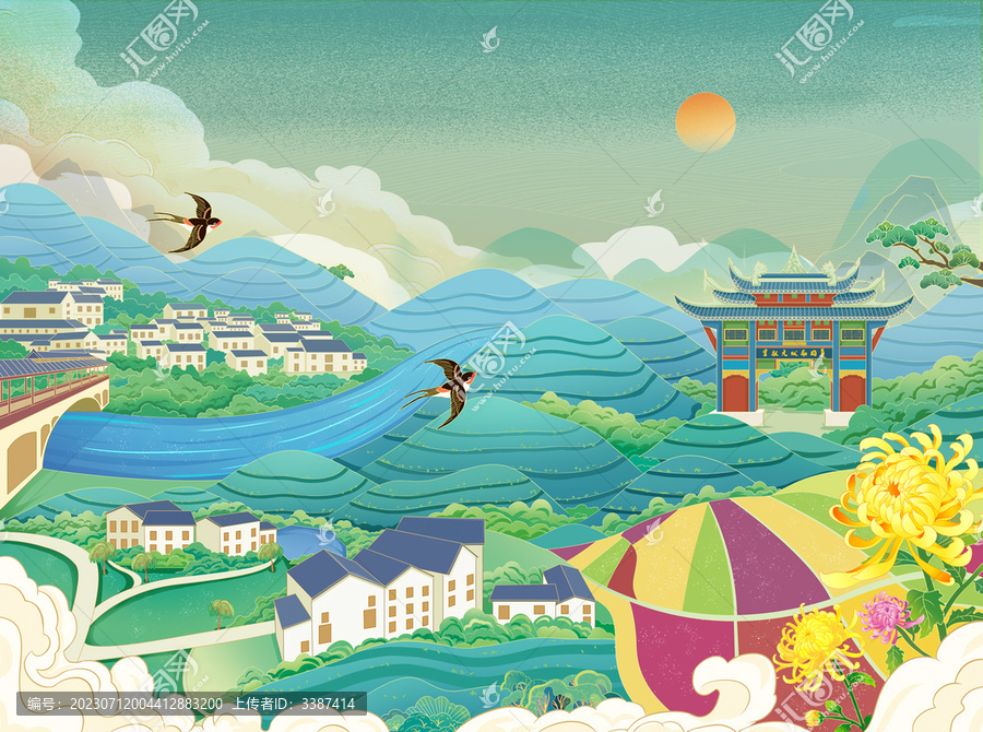 國風貴州麻江景點地標手繪插畫