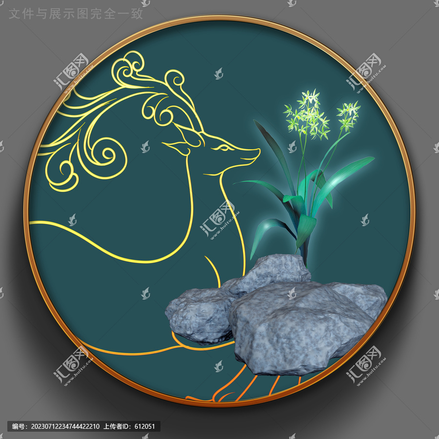 簡筆畫鹿蘭花石頭圓鏡裝飾畫
