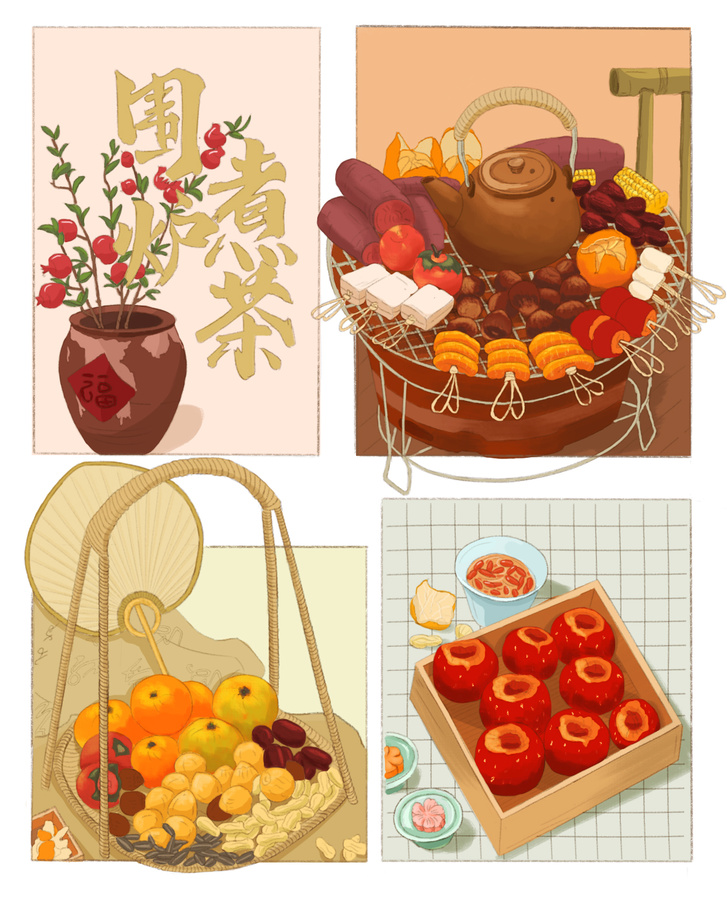 圍爐煮茶插畫