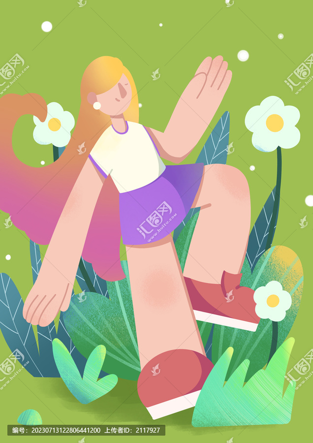 女生在植物前跳舞