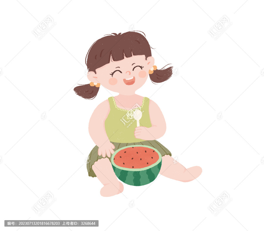 小女孩開心吃西瓜插畫