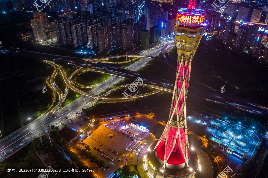 航拍鄭州中原福塔夜景地標(biāo)燈光