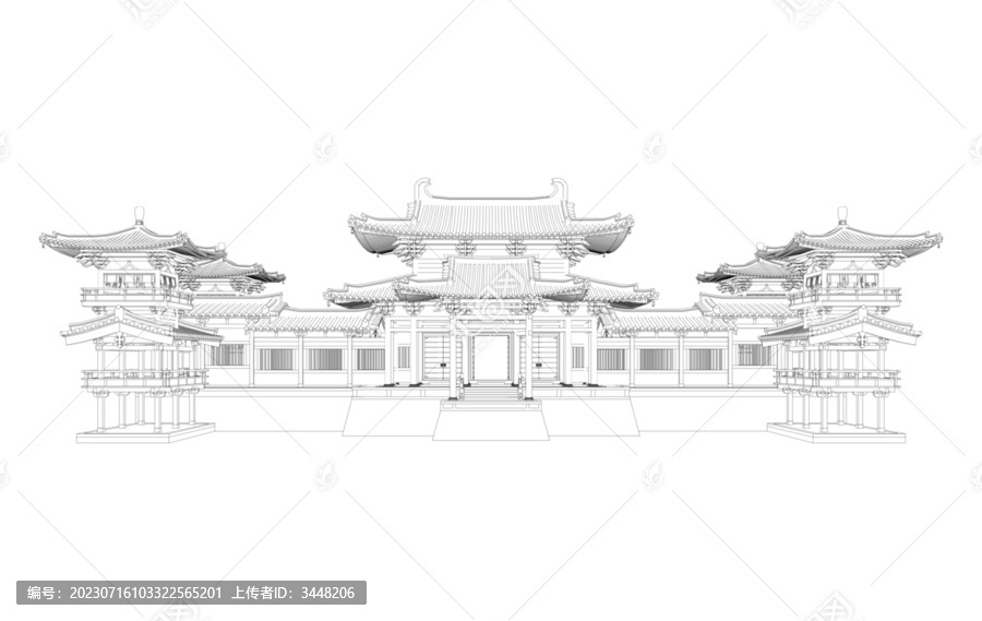 唐风寺院立面线稿图