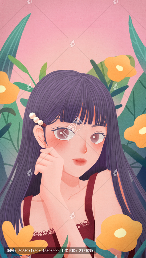 植物花朵包圍女孩復古人物插畫