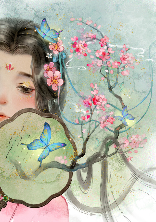 古風(fēng)美人桃花扇插畫