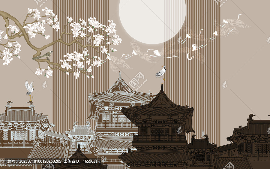 高端樓閣刺繡新中式背景墻