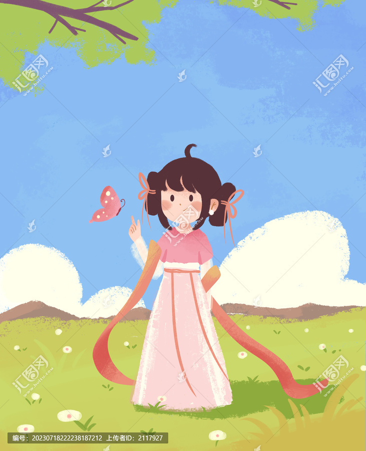 古風漢服女孩與蝴蝶玩耍