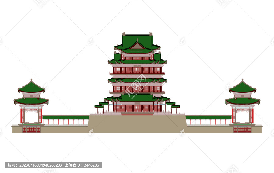 滕王閣沿江正立面插畫圖
