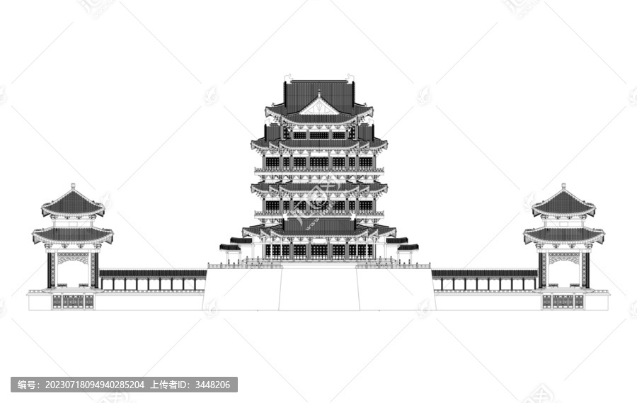 滕王閣沿江正立面線稿圖