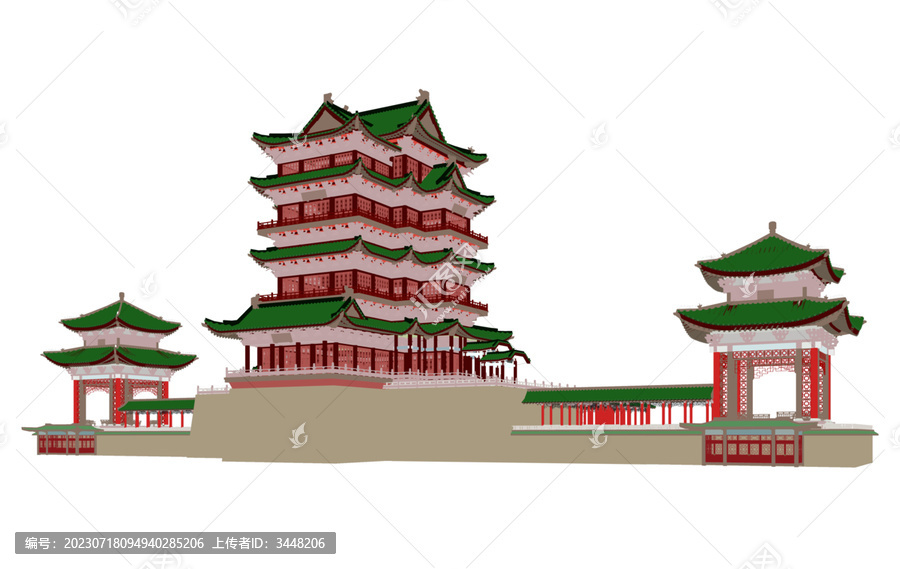 滕王閣沿江軸測插畫圖