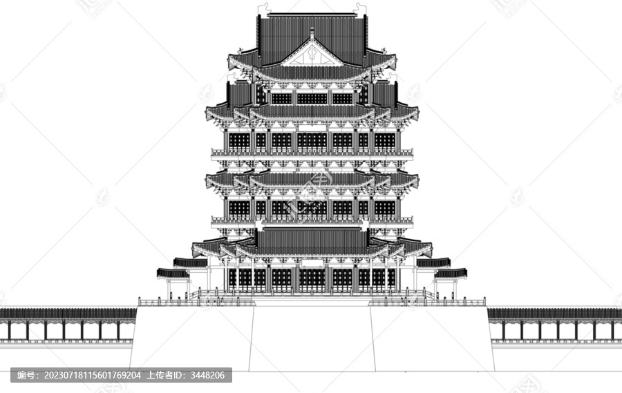 滕王閣主樓沿江正立面線稿圖