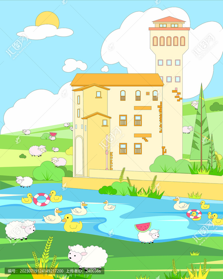 風景建筑夏天農(nóng)場矢量畫