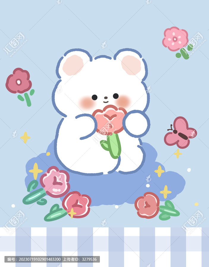 卡通小熊郁金香花朵印花圖案