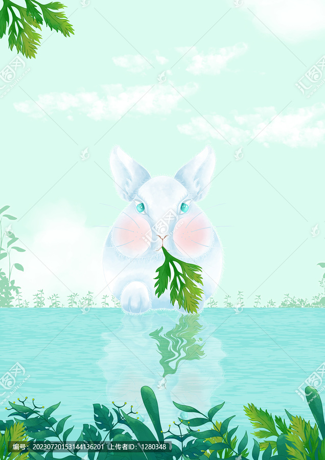 手繪海邊可愛(ài)的兔子