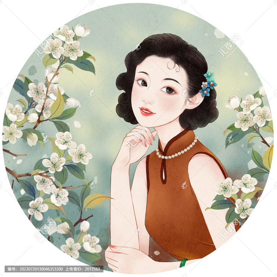 梨花旗袍女子插畫