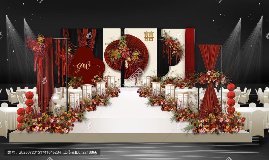 红白新中式婚礼舞台效果图