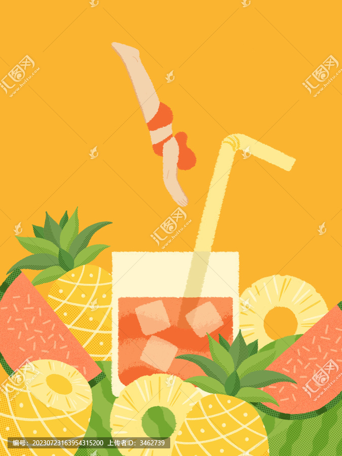 夏季熱帶水果冰爽飲料插畫