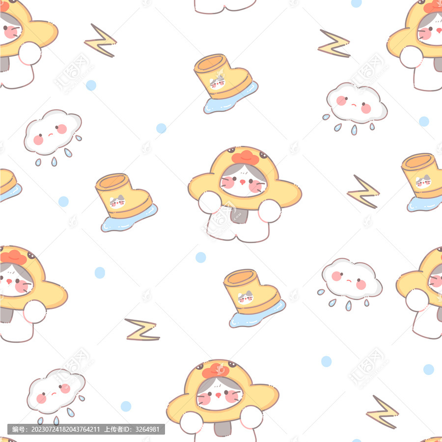 家紡雨天小貓四方連續(xù)