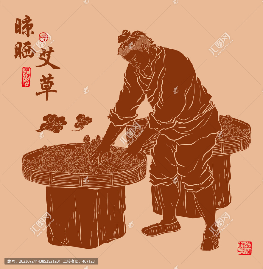 艾草晾曬插畫線稿圖