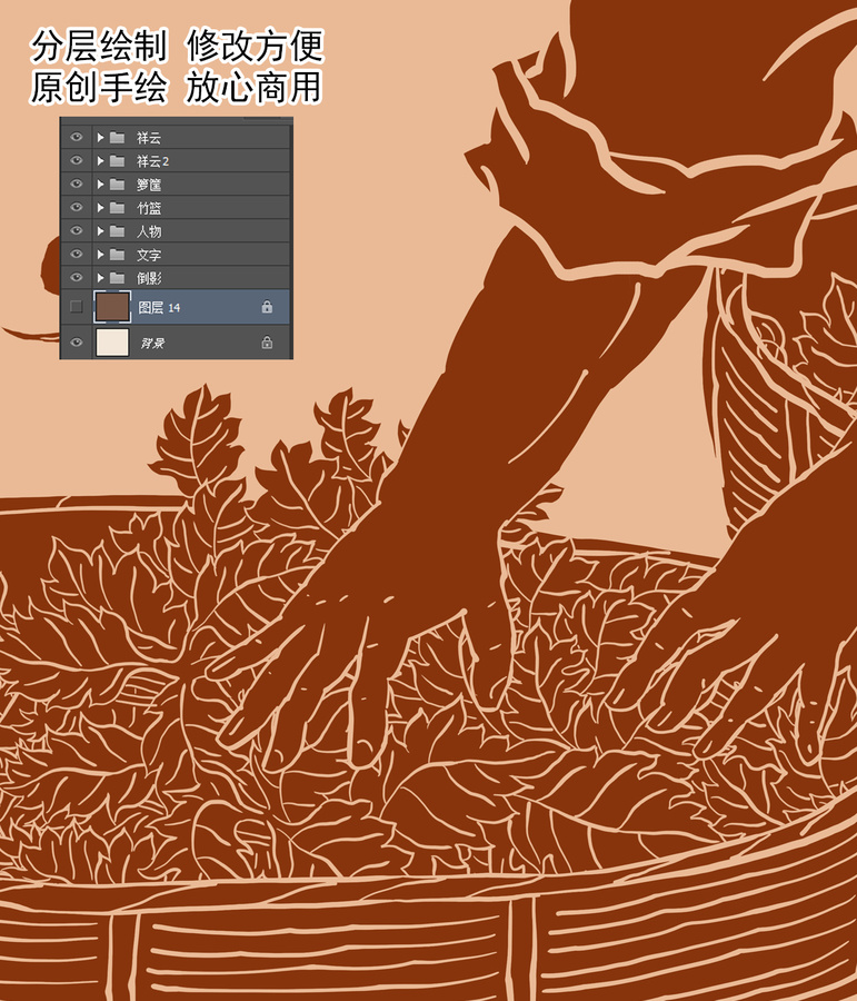 艾草晾曬插畫線稿圖
