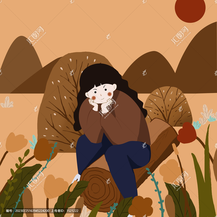 坐在木頭上的女孩扁平風(fēng)