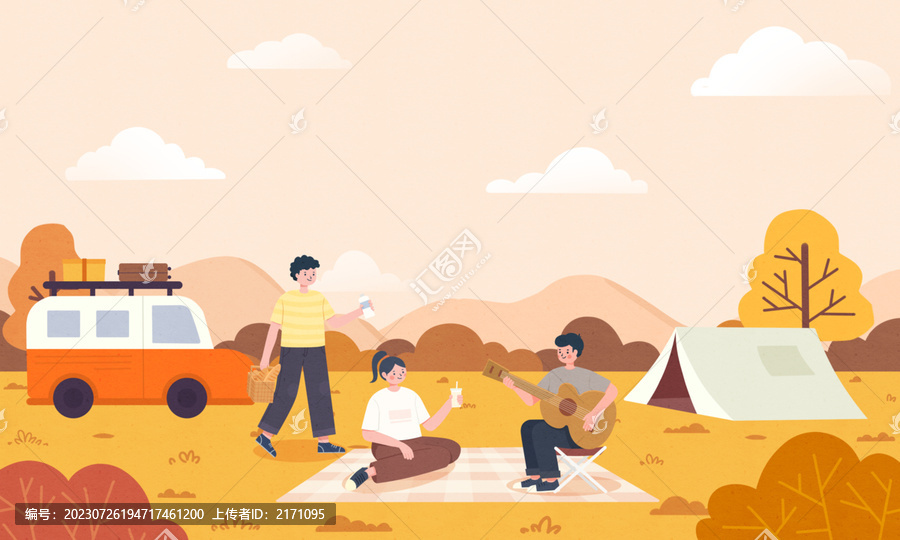 年輕人戶外旅游露營扁平插畫