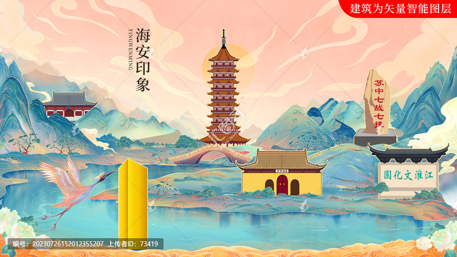 海安縣國潮手繪地標(biāo)建筑海報