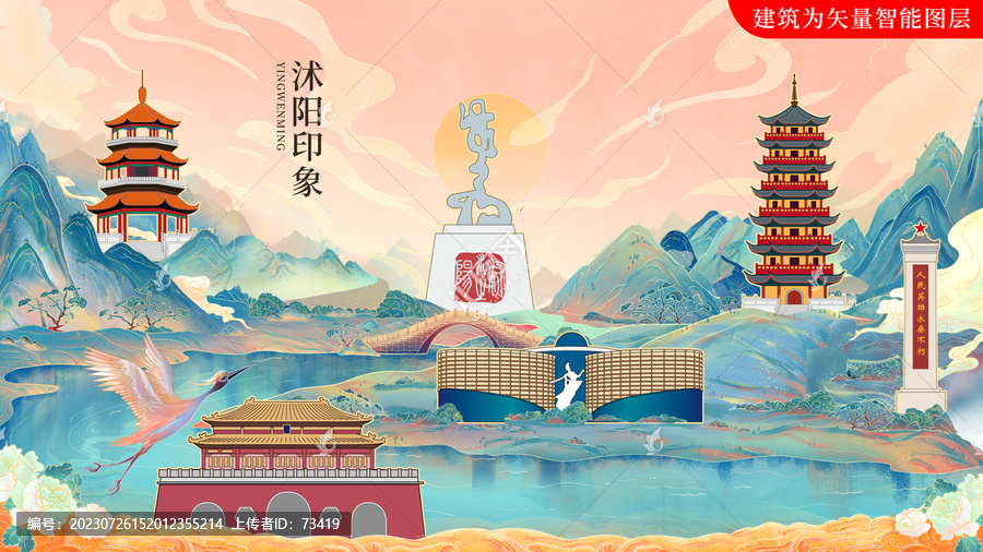沭陽縣國潮手繪地標建筑海報