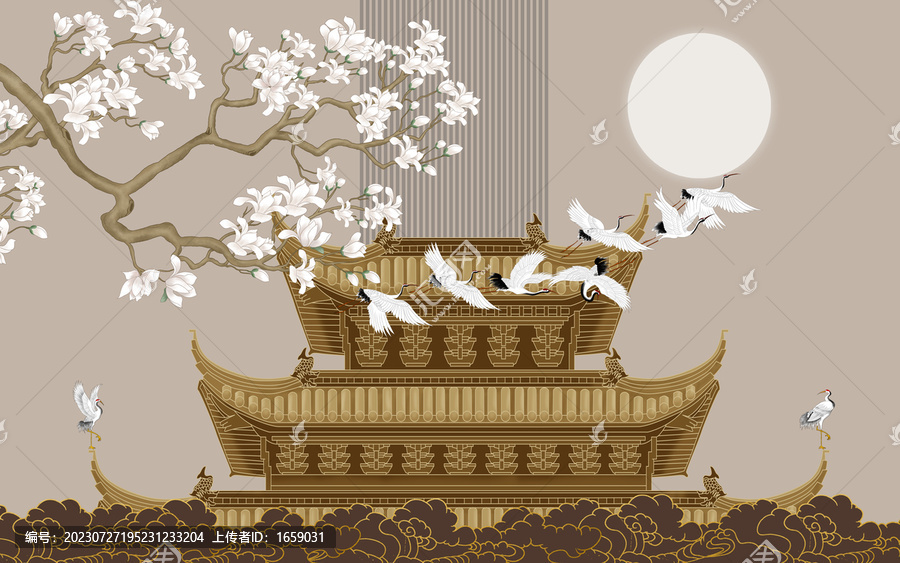 古建筑花鳥瑞鶴圖