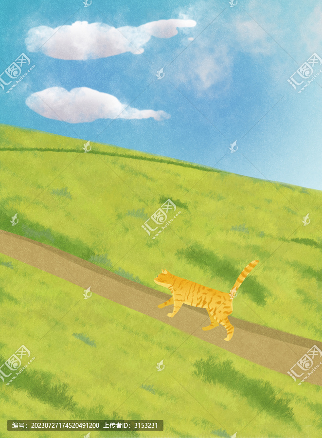 橘貓貓咪草原藍天肌理插畫