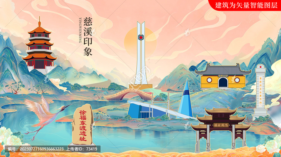 慈溪市國(guó)潮手繪地標(biāo)建筑海報(bào)