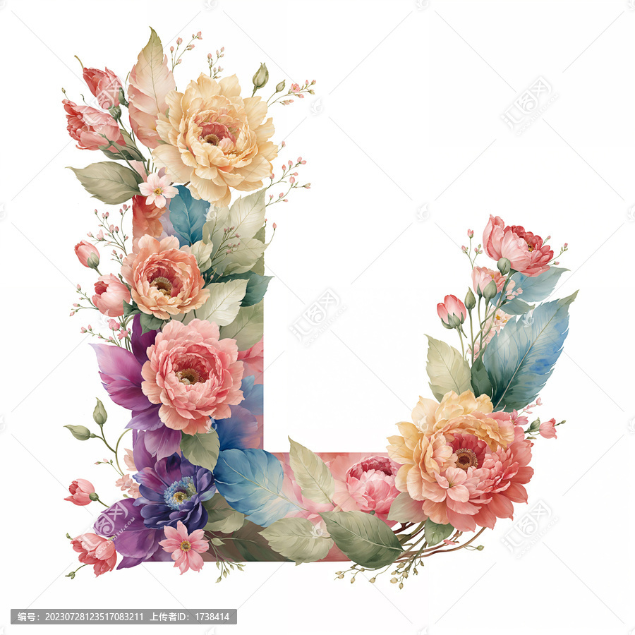 水彩花卉字母設計L