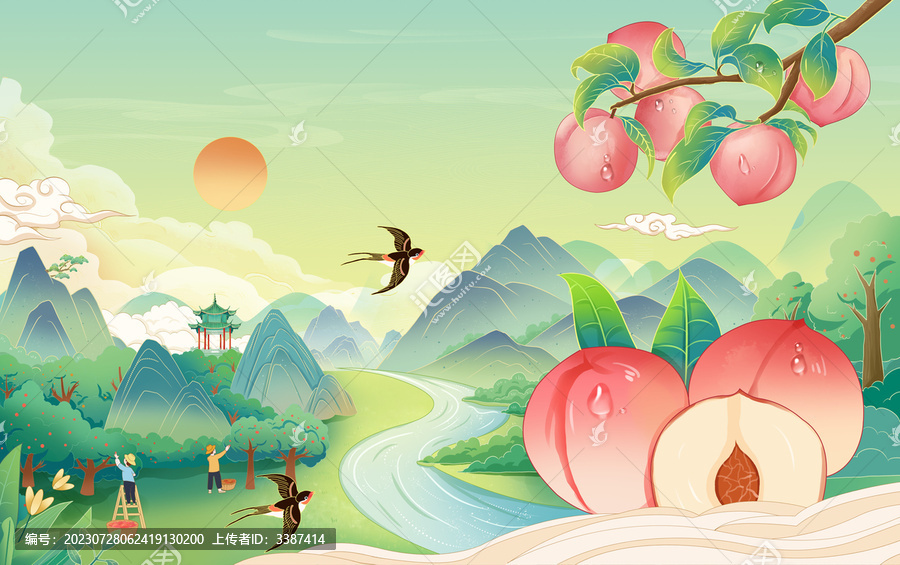 陽山水蜜桃林子手繪插畫海報