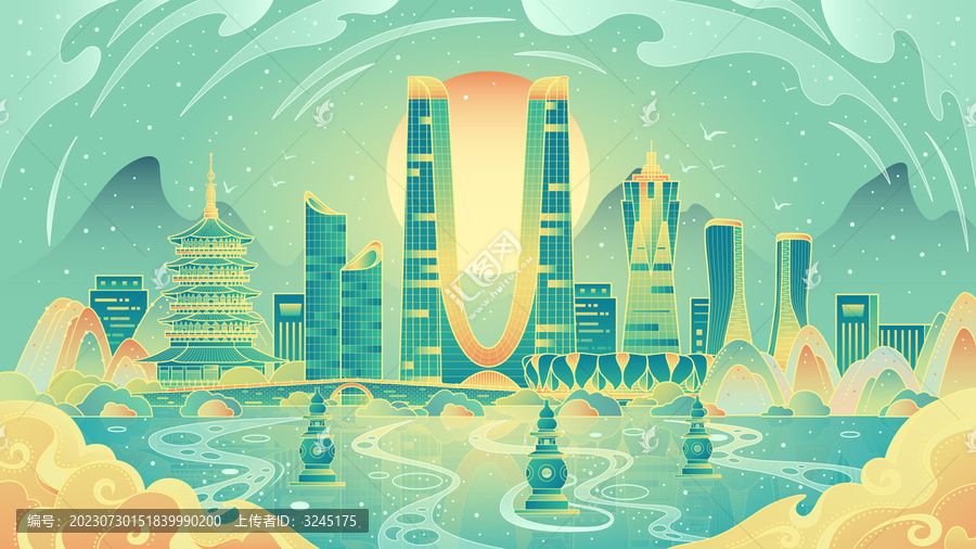 杭州城市地标建筑国潮风插画