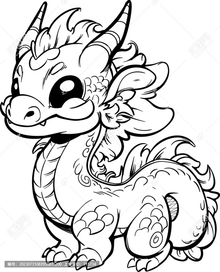 可愛手繪卡通龍線稿插圖