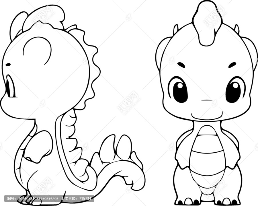 可愛手繪卡通龍線稿插圖