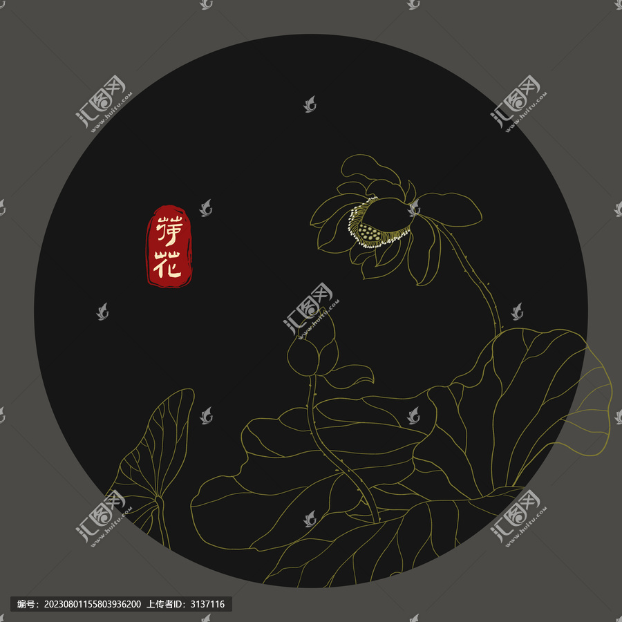 荷花線描