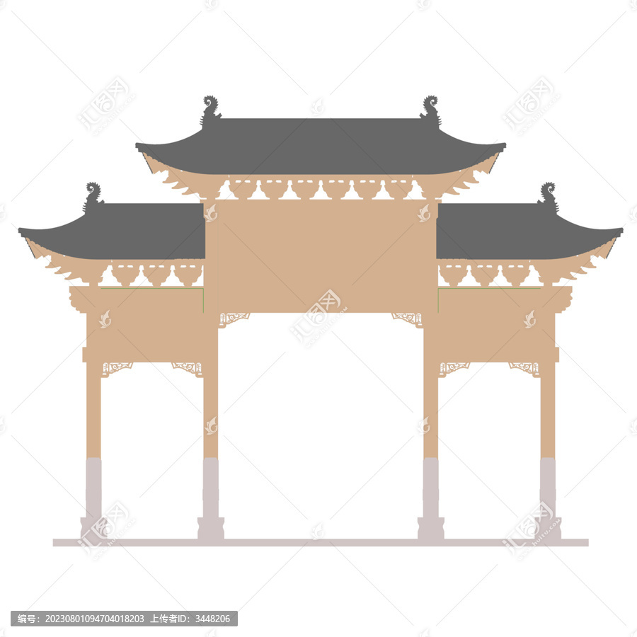 木牌樓正立面插畫圖