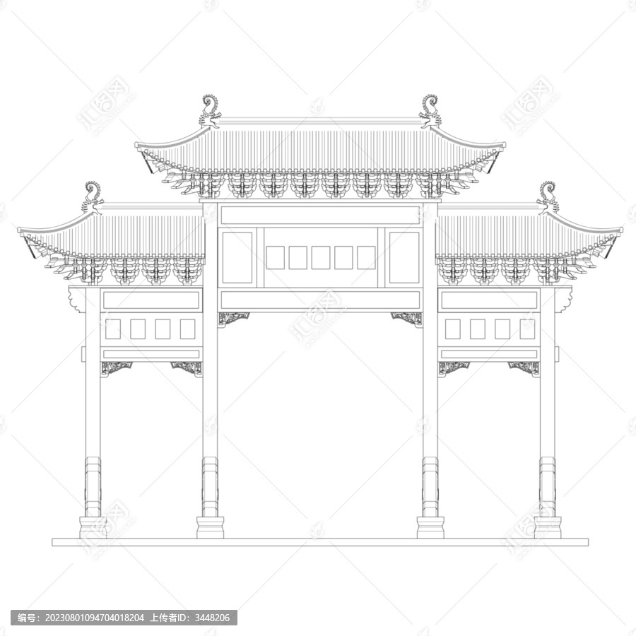 木牌樓正立面線稿圖