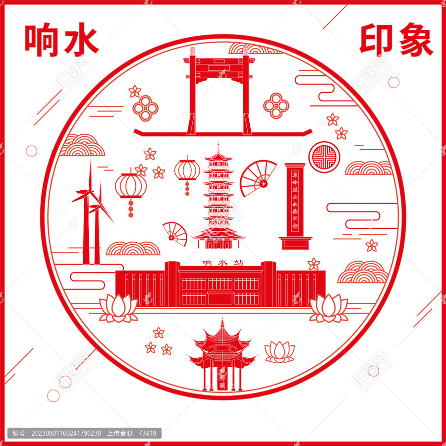 響水縣地標建筑圖案剪紙年畫