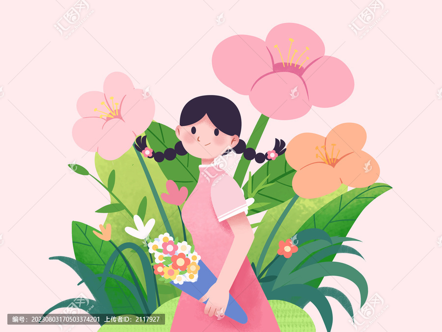女孩拿著花束站在植物前