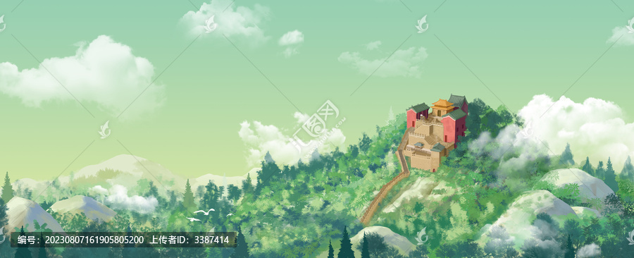 唯美寫(xiě)實(shí)武當(dāng)山寺廟手繪插畫(huà)